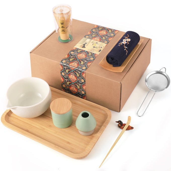 JAPANESE MATCHA TEA SET MATCHA BOWL WITH POURING SPOUT TEA TRAY BAMBOO WHISK CERAMIC WHISK HOLDER HANDMADE MATCHA CEREMONY KIT FOR JAPANESE TEA CEREMONY 10PCS