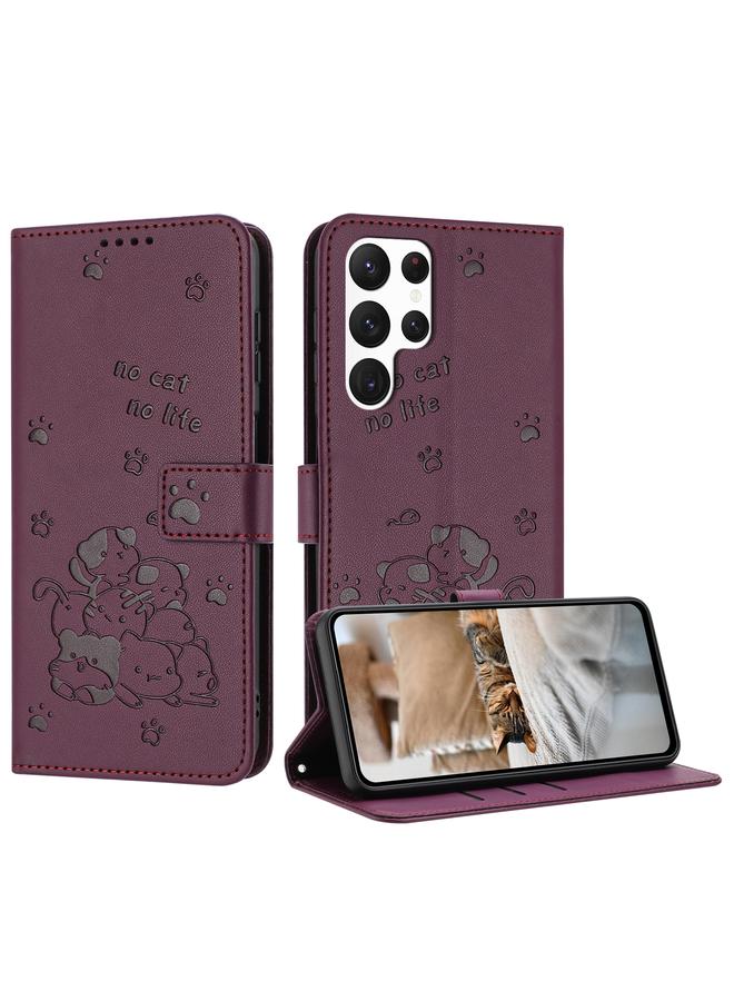 اس-توب جراب لهاتف Samsung Galaxy S22 Ultra 5G، جراب جلدي منقوش عليه صورة قطة صغيرة مع حبل - Image 1