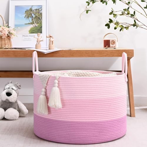 Degeyoyo Extra Large Toy Basket 20x13 Kids Toy Storage for Playroom Classroom Nursery Woven Rope Blanket Basket with Handles Stuffed Animal Organizer Dog Toys Basket Pink - Image 3