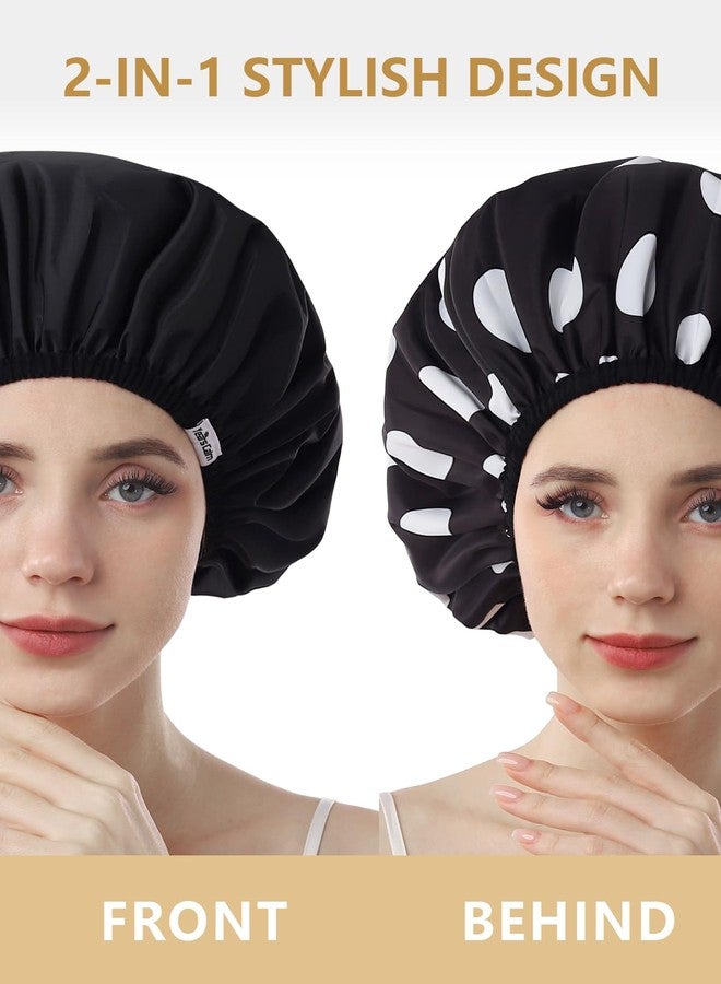 Years calm Shower Caps for Women Reusable Waterproof, Double Layer Waterproof Fabric - Both Sides Usable, Reversible Pattern & Solid Color Design, Soft Elastic Keeps Hair Dry for shower Spa Travel - Image 2