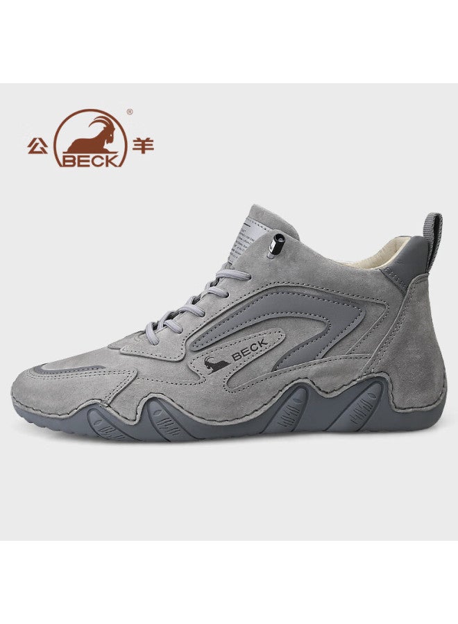 Gongyang Men's High-top Martin Boots Autumn Winter Genuine Leather Casual Outdoor Shoes Gray Size 41