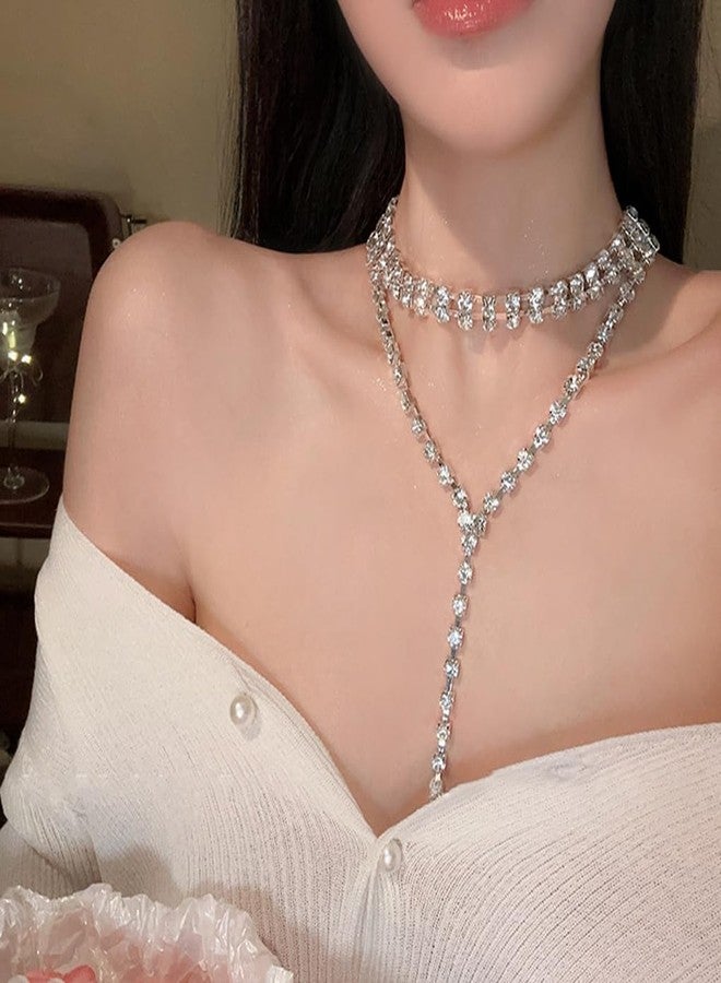 FUTIMELY Chunky Cubic Zirconia Layered Long Y Necklace,Glittering Square Rhinestone Lariat Necklaces,Aesthetic Wedding Bridal Bridesmaid Jewelry for Women (Silver) - Image 3