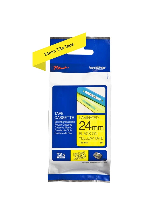 brother Laminated Tape Black On Yellow 24mm TZe-651 Black/Yellow - Image 2