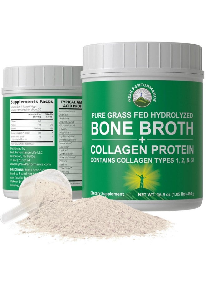 Peak Performance Hydrolyzed Bone Broth and Collagen Unflavored Protein Peptides Powder Contains All Collagen Types: 1, 2, and 3. Pure Pasture, Raised Grass Fed, Paleo Friendly, Gluten + Dairy Free - Image 1