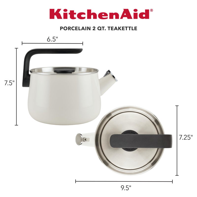 KitchenAid Teakettles Enamel-on-Steel Stovetop Whistling Teakettle, Induction Ready, Stainless steel Lid, 2 Quart - White - Image 2