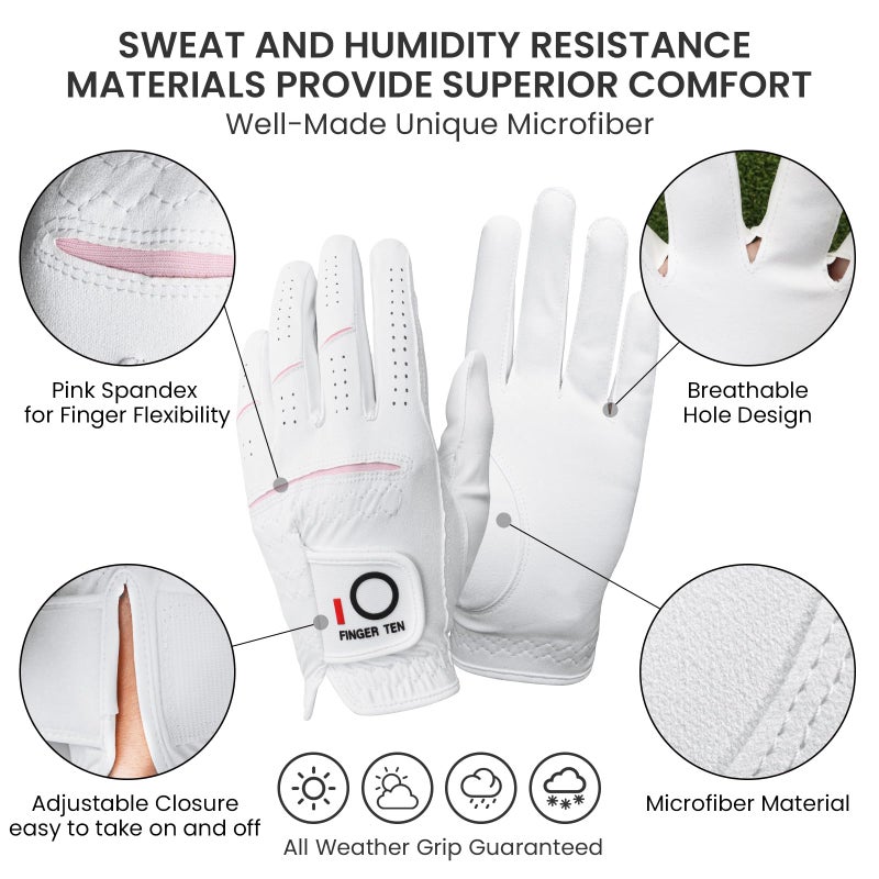 FINGER TEN FINGER TEN Womens Ladies Golf Rain Gloves Pair Both Hand or 2 Pack Left Right Hand, Wet Hot Cool Grip, Fit Small Medium Large XL (White, Small, Left) - Image 2