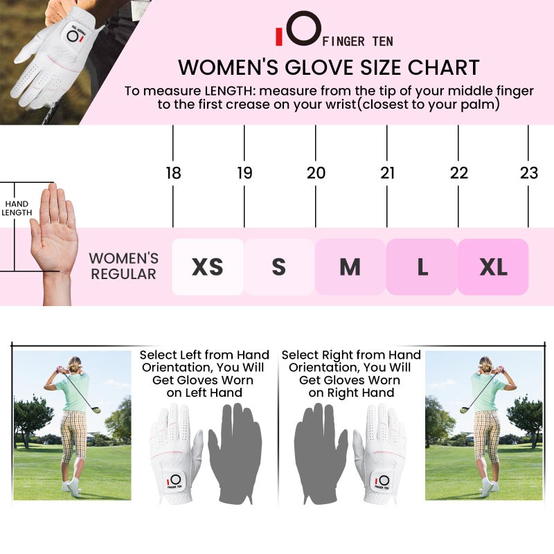 FINGER TEN FINGER TEN Womens Ladies Golf Rain Gloves Pair Both Hand or 2 Pack Left Right Hand, Wet Hot Cool Grip, Fit Small Medium Large XL (White, Small, Left) - Image 4