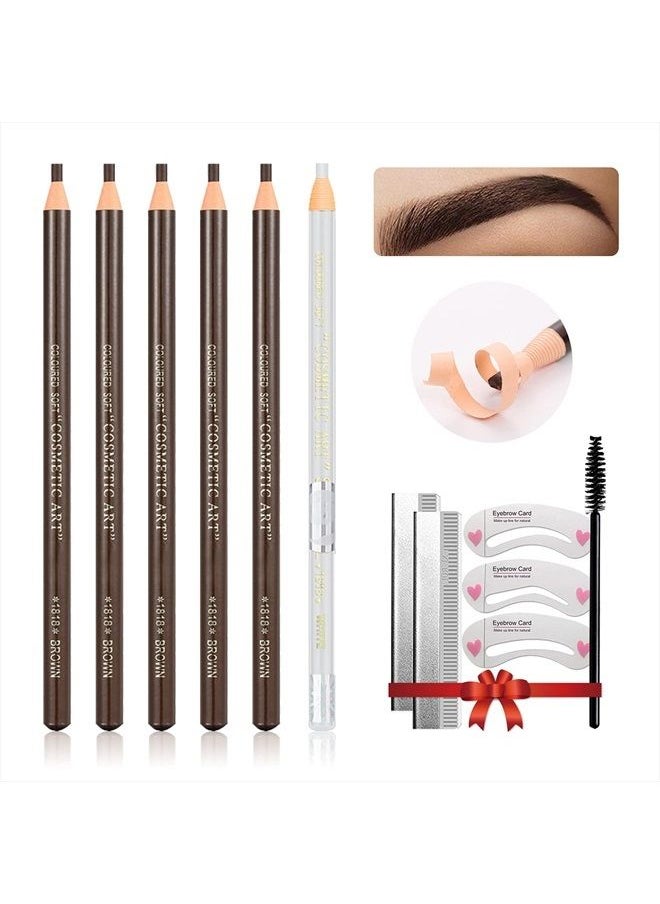 LSxia Waterproof Eye-Brows Pen-cil Set, Pull Cord Peel-off Eyebrow Pencil Microblading Eyebrow Pen Supplies Kit, White Eye-Liner Pencil and Eyebrows Tool Tattoo Makeup For Marking (5+1 Dark Brown)  - Image 1