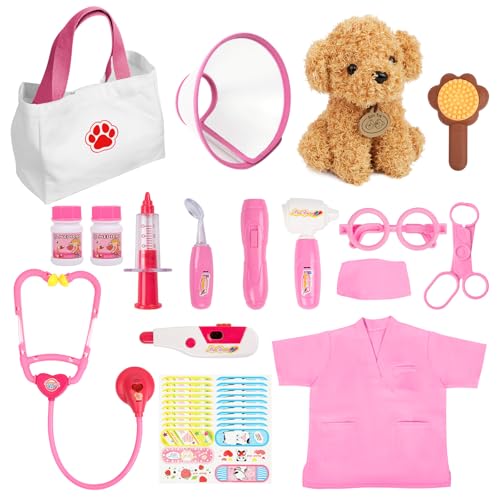 Liberry Doctor Kit for Toddlers Age 3 4 5 6 26 Pcs Kids Doctor Playset with Dog Toy Stethoscope and Dress Up Costume Pretend Play Medical Gift for Girls Pink - Image 1