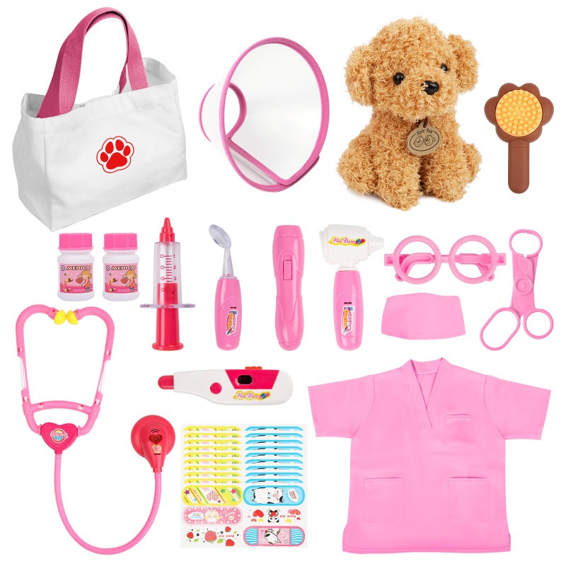 Liberry Doctor Kit for Toddlers Age 3 4 5 6 26 Pcs Kids Doctor Playset with Dog Toy Stethoscope and Dress Up Costume Pretend Play Medical Gift for Girls Pink - Image 3