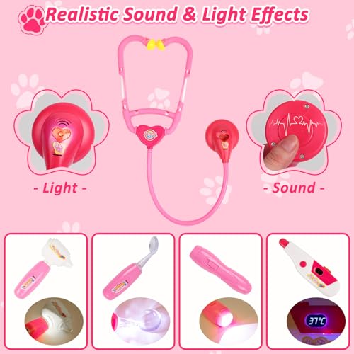 Liberry Doctor Kit for Toddlers Age 3 4 5 6 26 Pcs Kids Doctor Playset with Dog Toy Stethoscope and Dress Up Costume Pretend Play Medical Gift for Girls Pink - Image 5