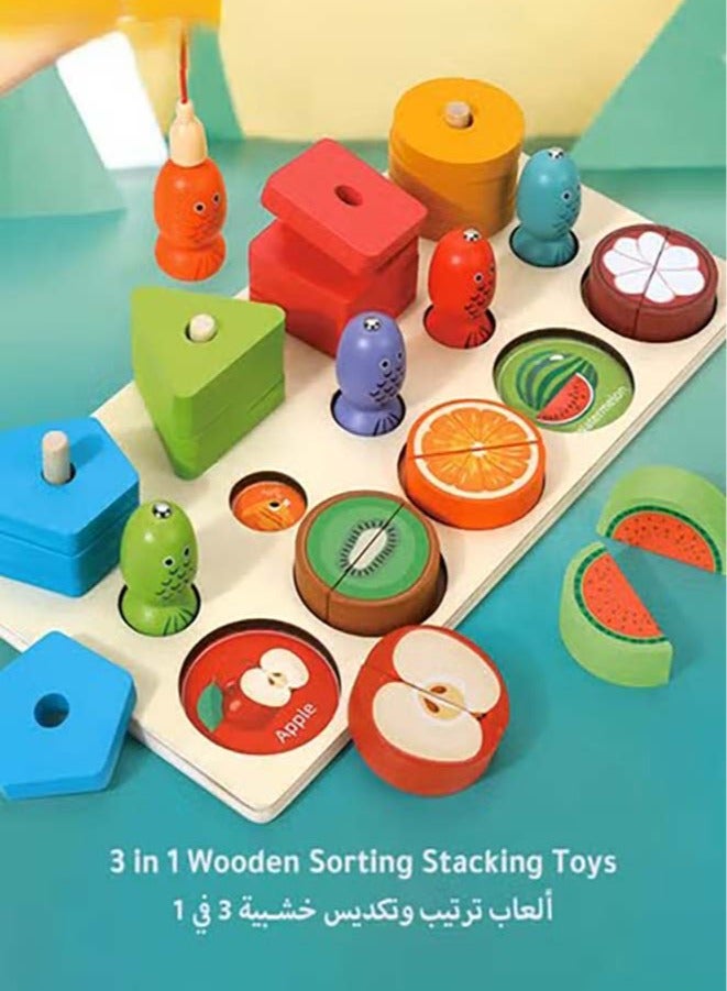لعبة تعليمية خشبية 3 في 1، لفرز الأشكال والألوان، والتعرف على الفواكه، وأحجية مونتيسوري التكديس، هدية تعليمية تفاعلية للأطفال الصغار ومرحلة ما قبل المدرسة - Image 1