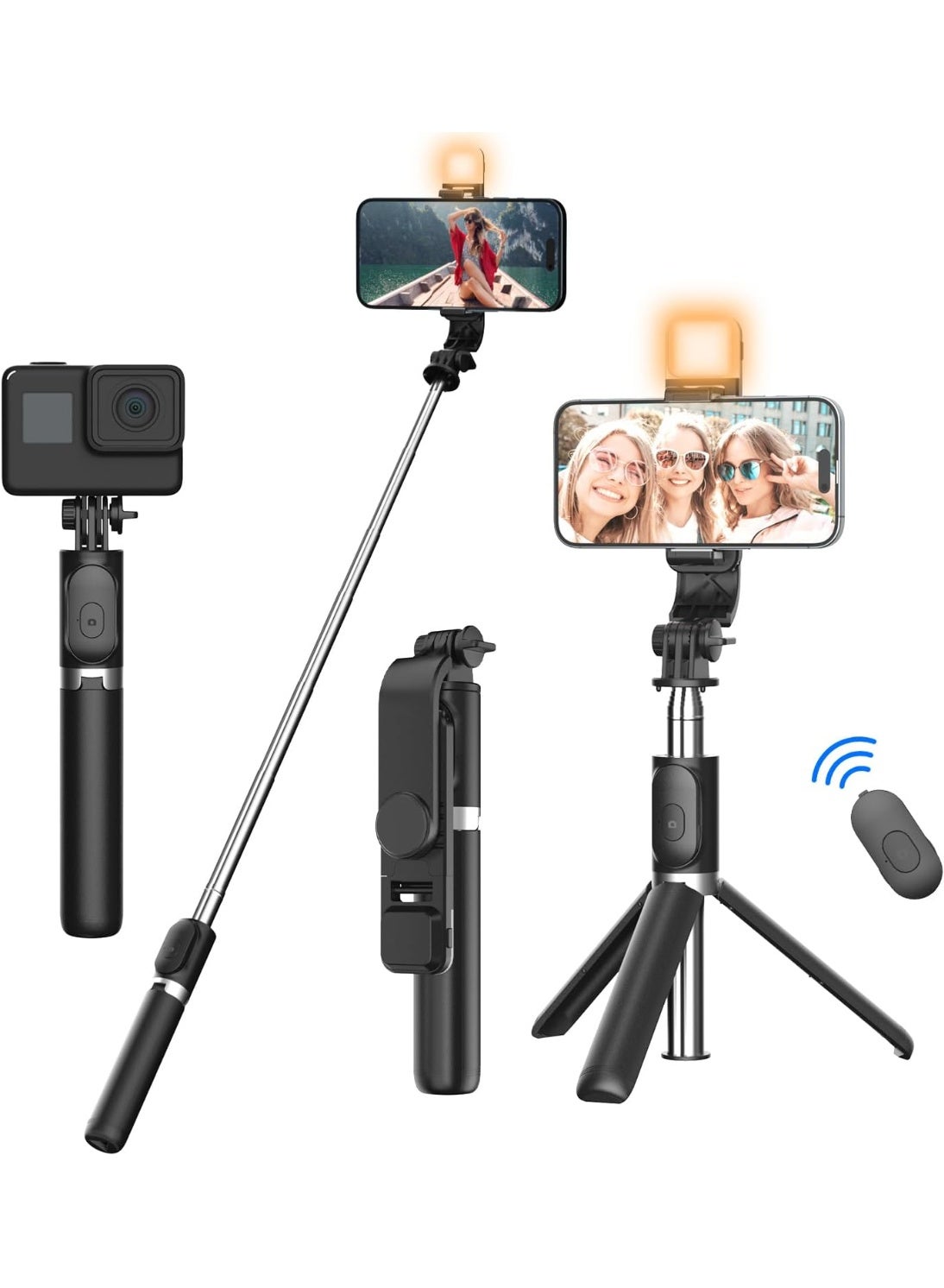 Selfie Stick Tripod Stand with Fill Light 104 cm/41 inch Bluetooth Extandable Selfie Stick Tripod Rechargeable Dimmable Fill Light for Youtube Vloging Live Streaming Holder Compatible for Gopro - Black