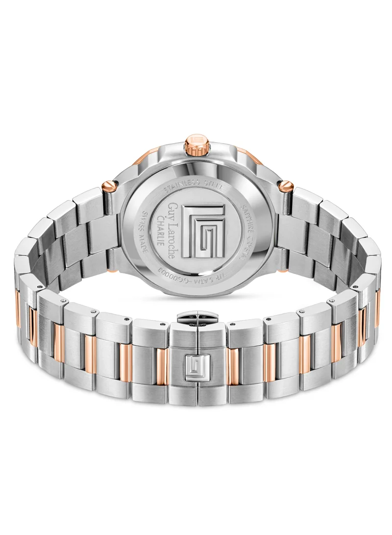 Guy Laroche Charlie Watch for Men with Silver and Rosegold Stainless Steel Bracelet 45 mm 5 Atm