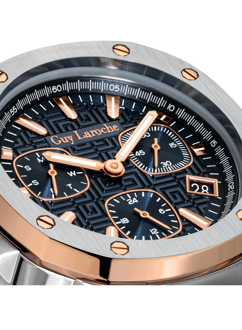 Guy Laroche Charlie Watch for Men with Silver and Rosegold Stainless Steel Bracelet 45 mm 5 Atm