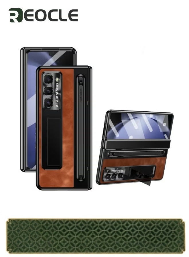 REOCLE Samsung Galaxy Z Fold 5 Frosted & Leather Case with S Pen Holder Built-in Screen Protector and Stand Shock Proof Case for Samsung Z Fold 5 with S Pen Slot Brown - Image 1