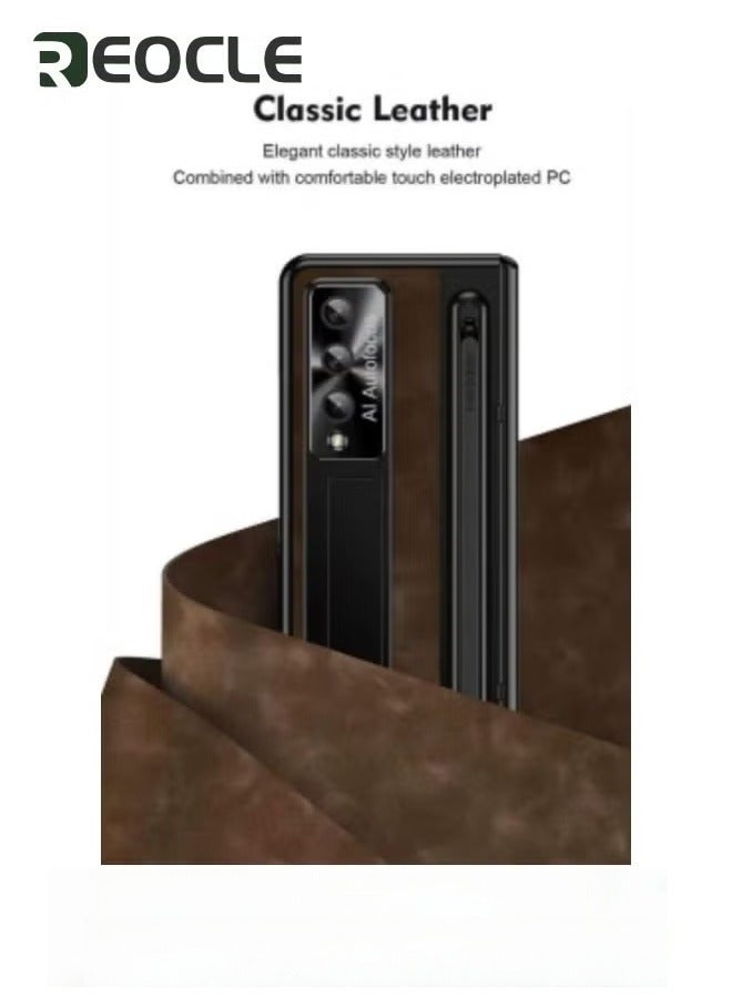 REOCLE Samsung Galaxy Z Fold 5 Frosted & Leather Case with S Pen Holder Built-in Screen Protector and Stand Shock Proof Case for Samsung Z Fold 5 with S Pen Slot Brown - Image 3