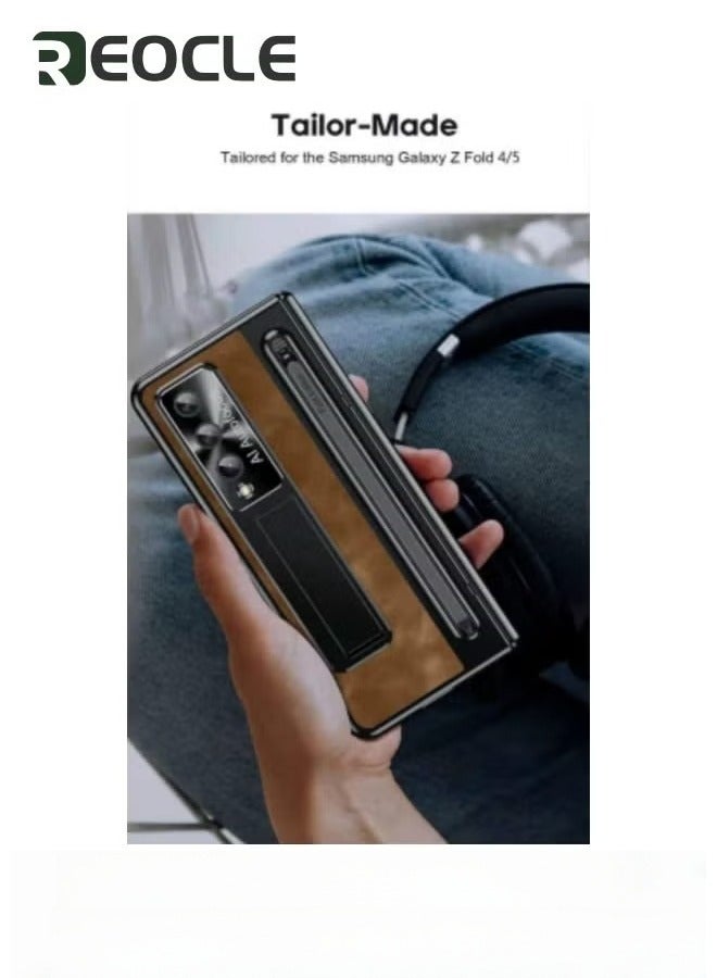 REOCLE Samsung Galaxy Z Fold 5 Frosted & Leather Case with S Pen Holder Built-in Screen Protector and Stand Shock Proof Case for Samsung Z Fold 5 with S Pen Slot Brown - Image 4