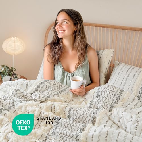 INK+IVY Imani 100% Cotton Duvet Mid Century Modern Design, All Season Comforter Cover Bedding Set, Matching Shams, Full/Queen, Ivory Chenille Tufted Accent 3 Piece - Image 3