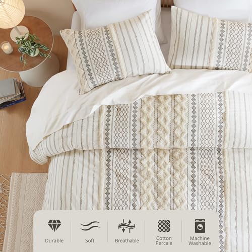INK+IVY Imani 100% Cotton Duvet Mid Century Modern Design, All Season Comforter Cover Bedding Set, Matching Shams, Full/Queen, Ivory Chenille Tufted Accent 3 Piece - Image 5