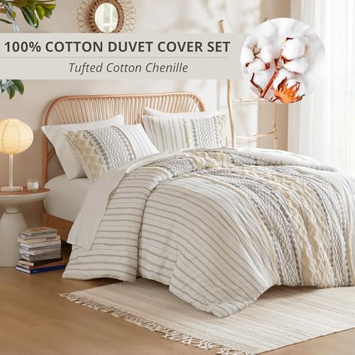 INK+IVY Imani 100% Cotton Duvet Mid Century Modern Design, All Season Comforter Cover Bedding Set, Matching Shams, Full/Queen, Ivory Chenille Tufted Accent 3 Piece - Image 2