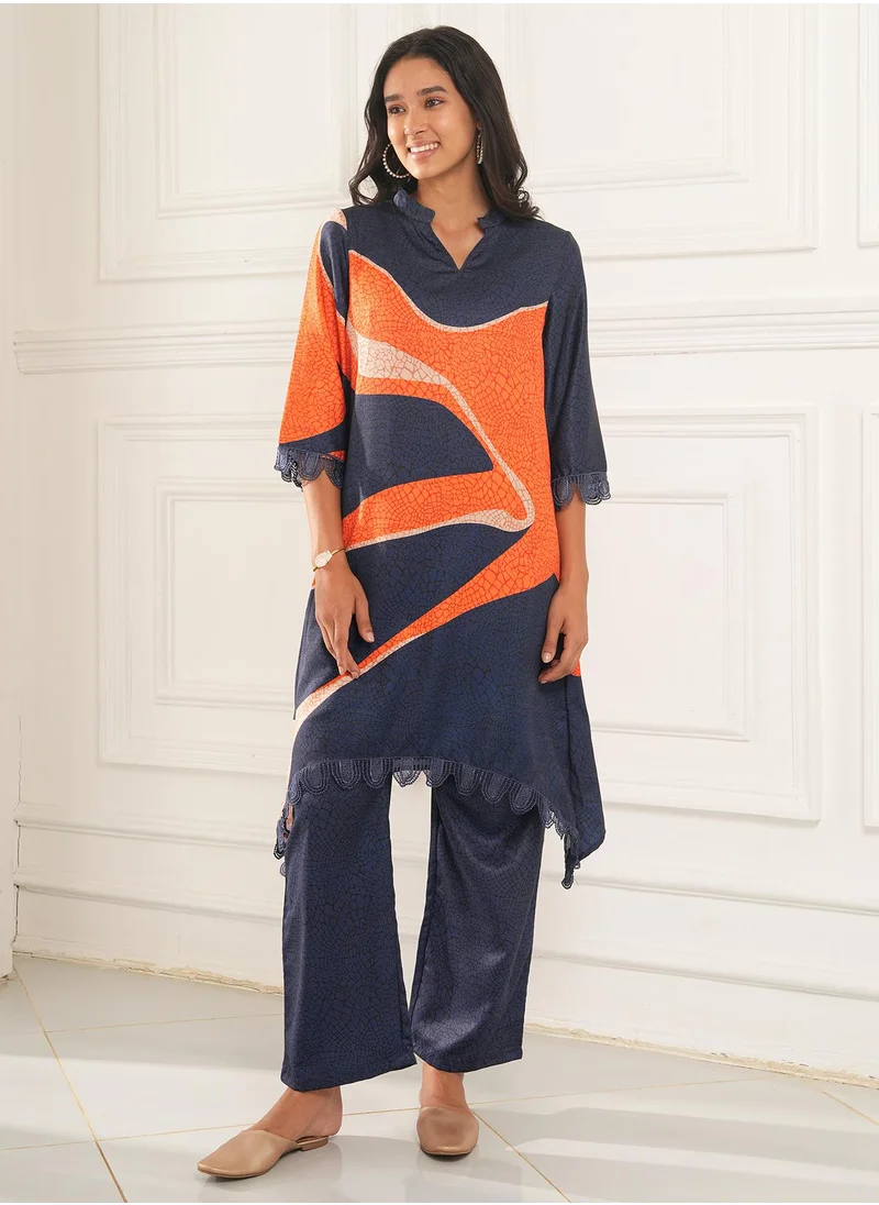 QISSA Women's Navy Blue & Tangerine Ornage Flowing Petalia Kurta Set