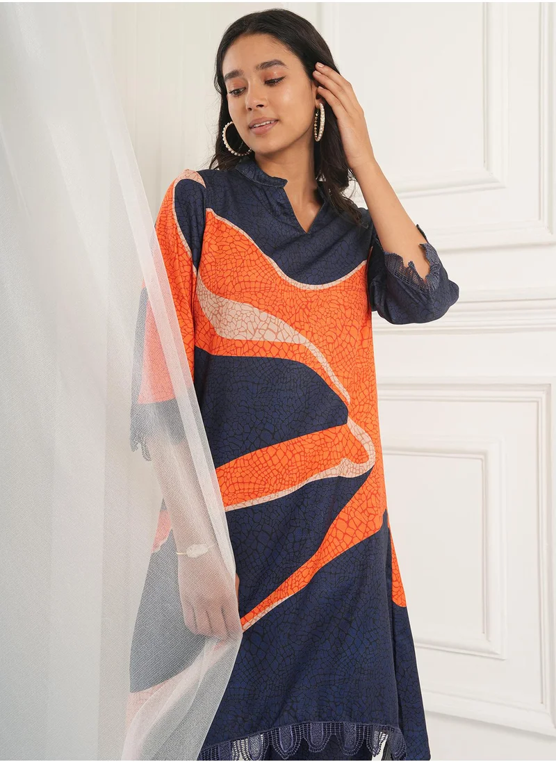 QISSA Women's Navy Blue & Tangerine Ornage Flowing Petalia Kurta Set