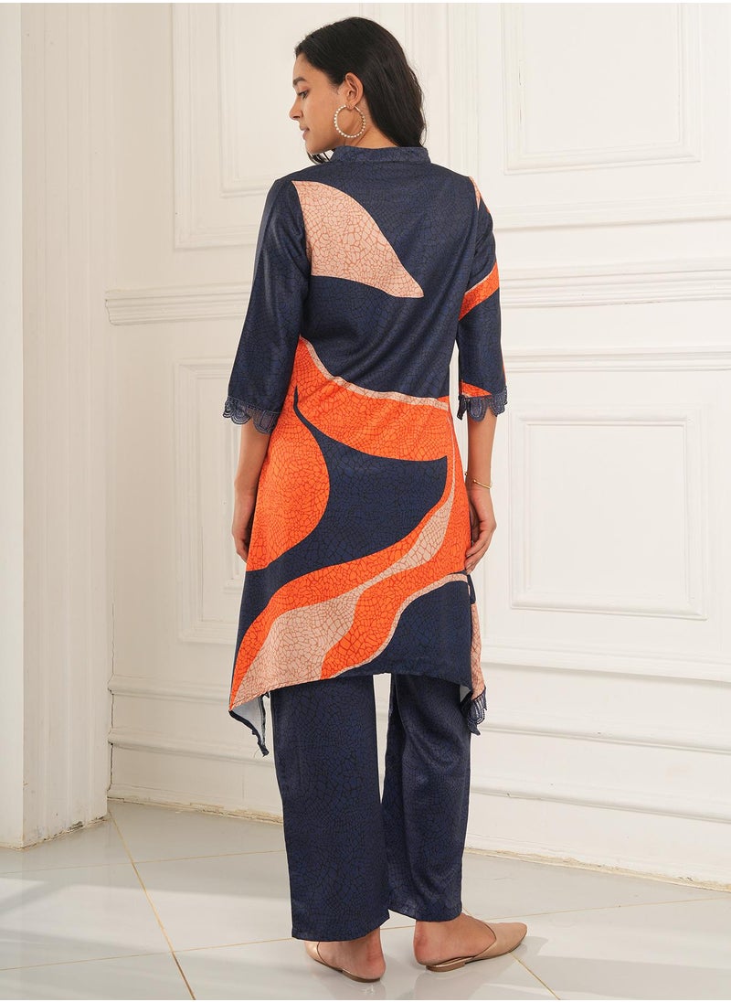  قصة Women's Navy Blue & Tangerine Ornage Flowing Petalia Kurta Set  - Image 4