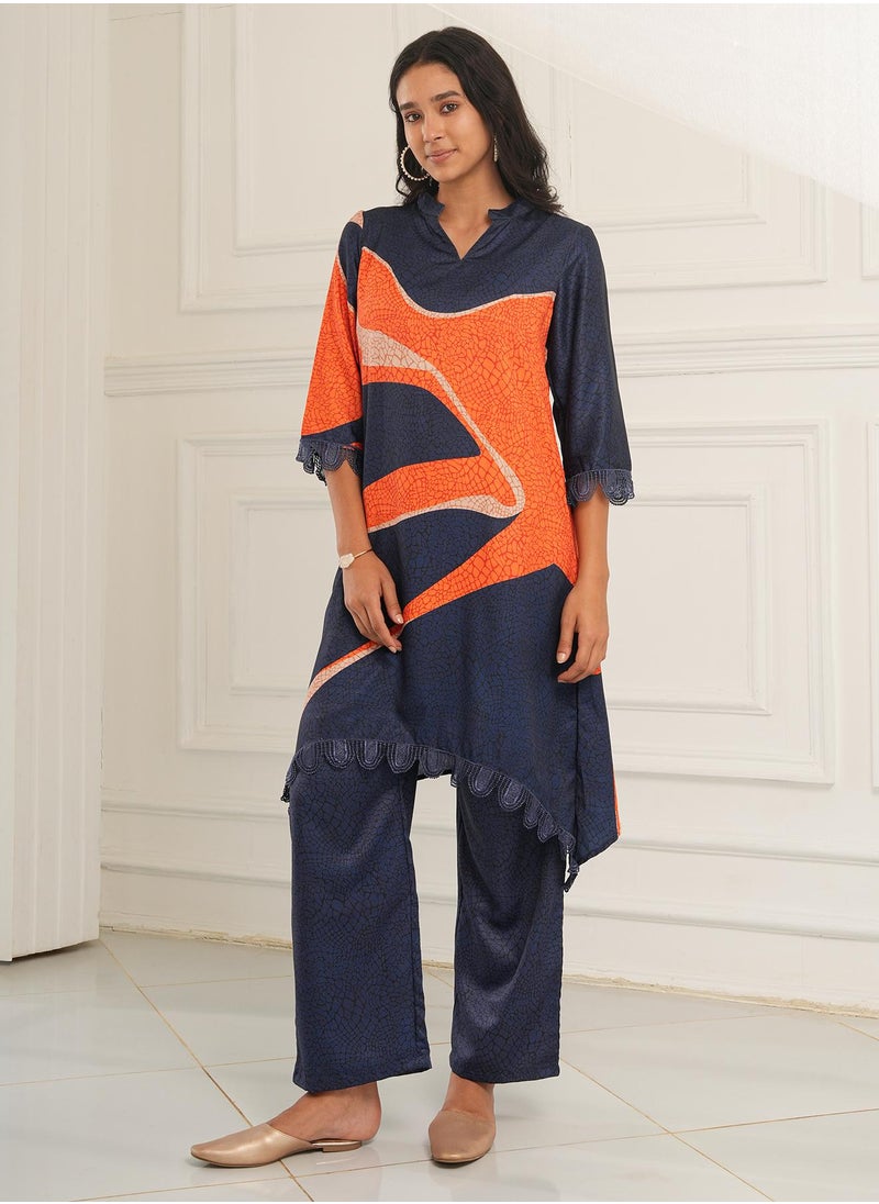  قصة Women's Navy Blue & Tangerine Ornage Flowing Petalia Kurta Set  - Image 5