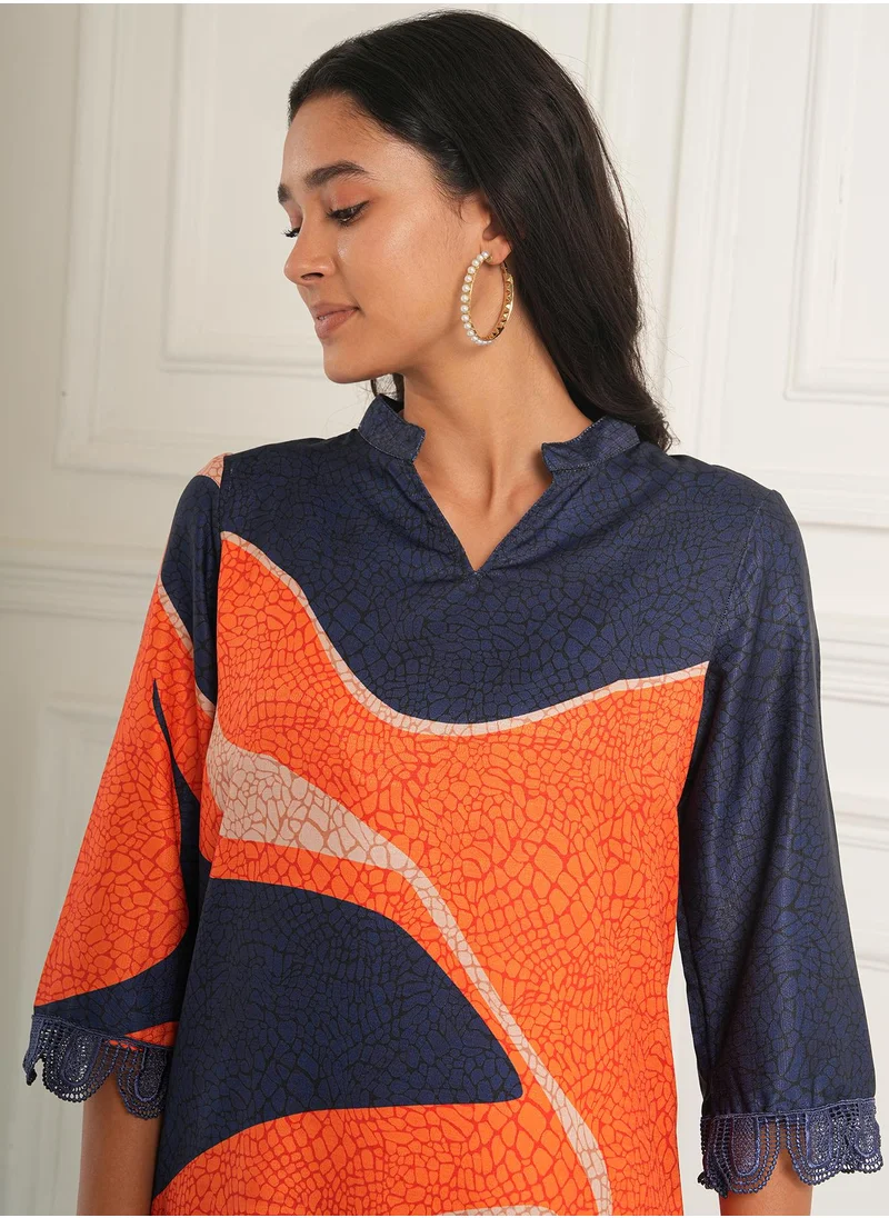  قصة Women's Navy Blue & Tangerine Ornage Flowing Petalia Kurta Set