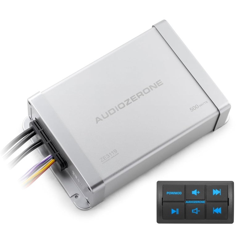AUDIOZERONE Marine Bluetooth Amplifier - 500W Class D 4 Channel Waterproof Amp with Remote Control - Image 1