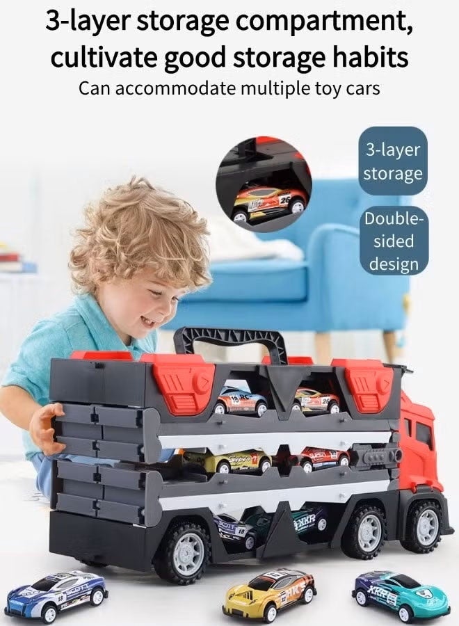 لعبة سباق سيارات، لعبة شاحنة كبيرة بفتحات ومسارات سباق قابلة للطي، لعبة شاحنة حاوية مع 12 سيارة من السبائك المعدنية، لعبة حاملة سيارات نقل للأطفال الصغار، نموذج شاحنة شاحنة مع أضواء وأصوات، لعبة محاكاة شاحنة حاوية سبيكة قابلة للفصل، شاحنة نقل ألعاب سيارات للأطفال هدية للأطفال الصغار من سن 3 و4 و5 و6 سنوات للأولاد والبنات (أحمر) - Image 3