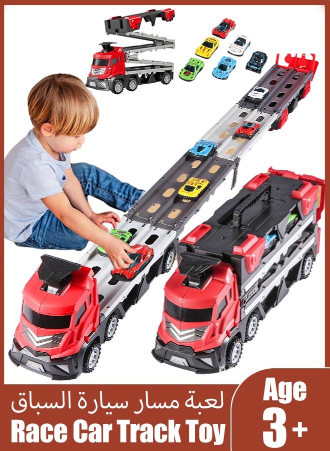 لعبة سباق سيارات، لعبة شاحنة كبيرة بفتحات ومسارات سباق قابلة للطي، لعبة شاحنة حاوية مع 12 سيارة من السبائك المعدنية، لعبة حاملة سيارات نقل للأطفال الصغار، نموذج شاحنة شاحنة مع أضواء وأصوات، لعبة محاكاة شاحنة حاوية سبيكة قابلة للفصل، شاحنة نقل ألعاب سيارات للأطفال هدية للأطفال الصغار من سن 3 و4 و5 و6 سنوات للأولاد والبنات (أحمر) - Image 1