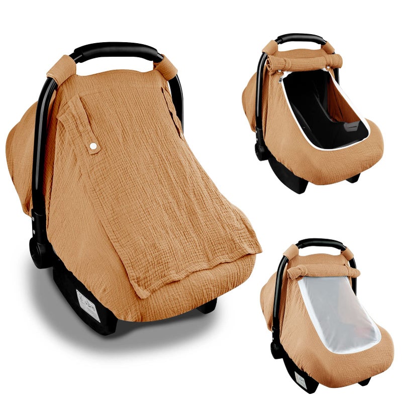 Hooyax Muslin Car Seat Covers for Babies Summer Baby Car Seat Cover for Boys Girls with Breathable Window Lightweight Infant Car Seat Canopy Brown