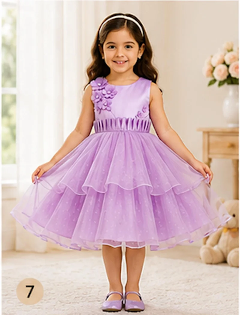 أرتيميا Artemea Toddler Girls Floral Appliqué Layered Mesh Fit & Flare Party Dress - Lilac