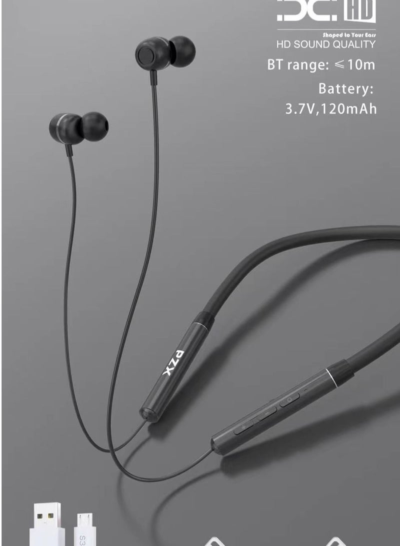 PZX Wireless Bluetooth in-Ear Neckband Earphones with Mic Black - Image 1