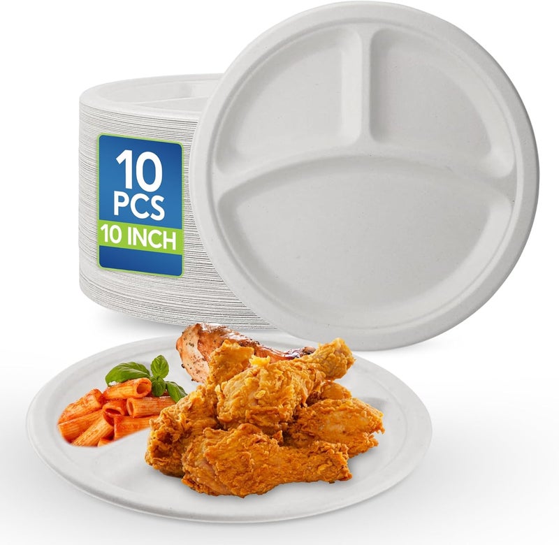 إس إن إتش باكينج عبوة SNH لأطباق بيضاء مقسمة إلى 3 أقسام مقاس 10 بوصات [عبوة من 10] - أطباق من قصب السكر عالية التحمل، صديقة للبيئة، قابلة للتحلل الحيوي، قابلة للتحويل إلى سماد، آمنة للاستخدام في الميكروويف ومقاومة للتسرب للحفلات والنزهات والعشاء - Image 1