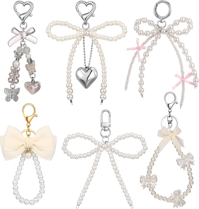 Sureio 6 Pcs Cute Bow Keychain for Women Pearl Key Chains for Car Keys Coquette Bow Keychain Accessories Aesthetic Bag Charms - Image 1