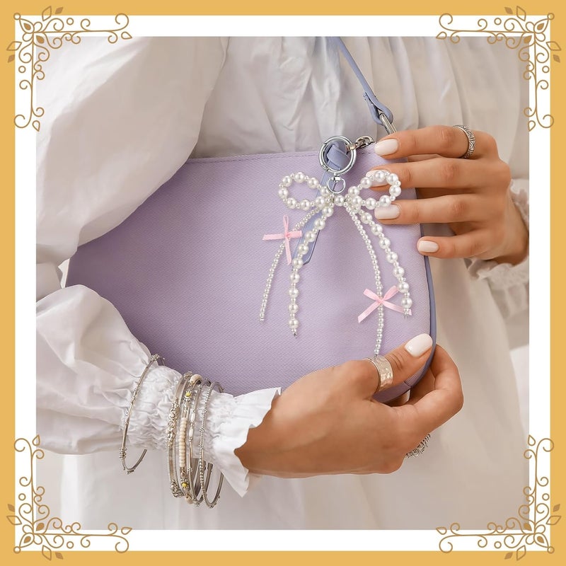 Sureio 6 Pcs Cute Bow Keychain for Women Pearl Key Chains for Car Keys Coquette Bow Keychain Accessories Aesthetic Bag Charms - Image 4