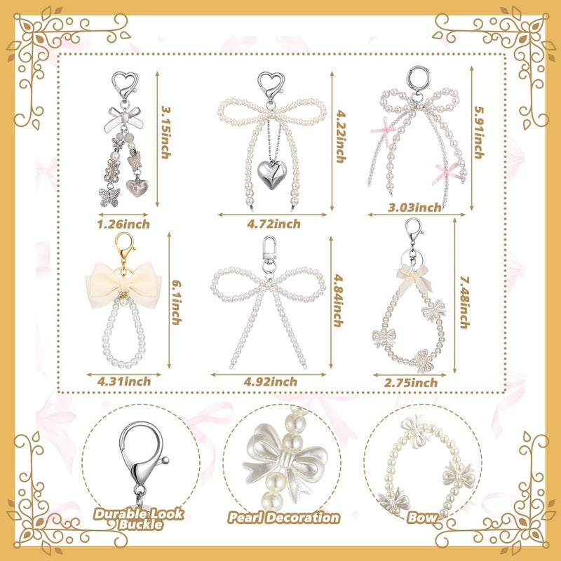 Sureio 6 Pcs Cute Bow Keychain for Women Pearl Key Chains for Car Keys Coquette Bow Keychain Accessories Aesthetic Bag Charms - Image 2