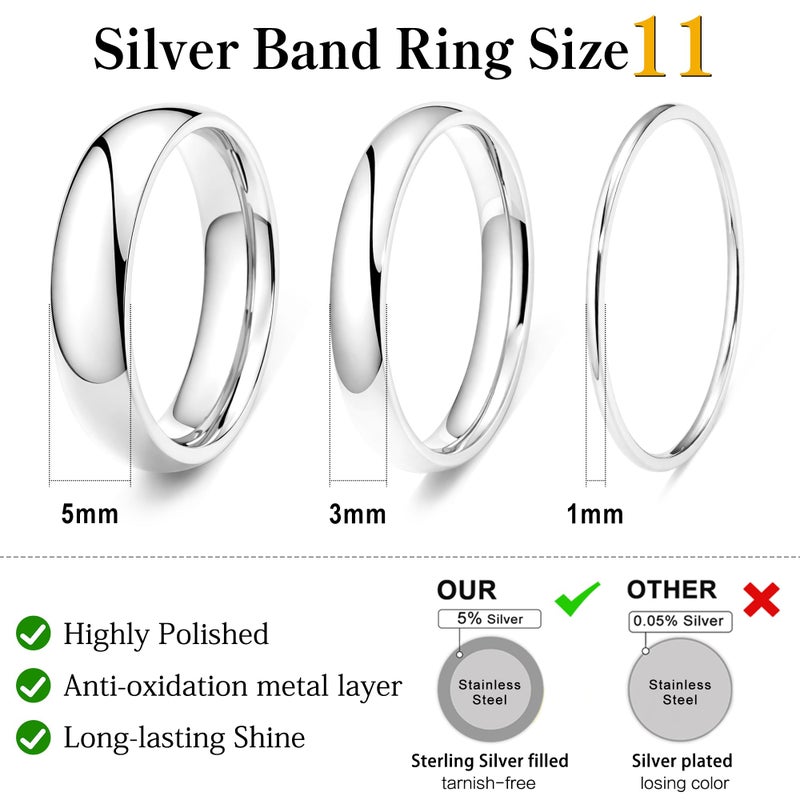 Poxtex Sterling Silver Thumb Band Rings for Men Engagement, Non Tarnish Waterproof Rings Set for Women Stackable, Simple Thick Ring Comfort Fit 3Pcs 1mm 3mm 5mm Size 11 - Image 4