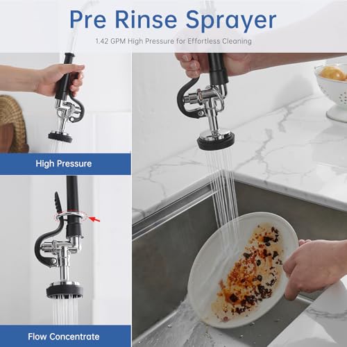 Fapully Commercial Kitchen Faucet,Deck Mount Kitchen Sink Faucet with Pre-Rinse Pull Down Sprayer,26‘’ Height 8'' Center 3 Compartment Sink Faucets with 12.2'' Swing Spout Chrome - Image 5