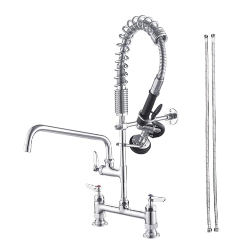 Fapully Commercial Kitchen Faucet,Deck Mount Kitchen Sink Faucet with Pre-Rinse Pull Down Sprayer,26‘’ Height 8'' Center 3 Compartment Sink Faucets with 12.2'' Swing Spout Chrome - Image 1