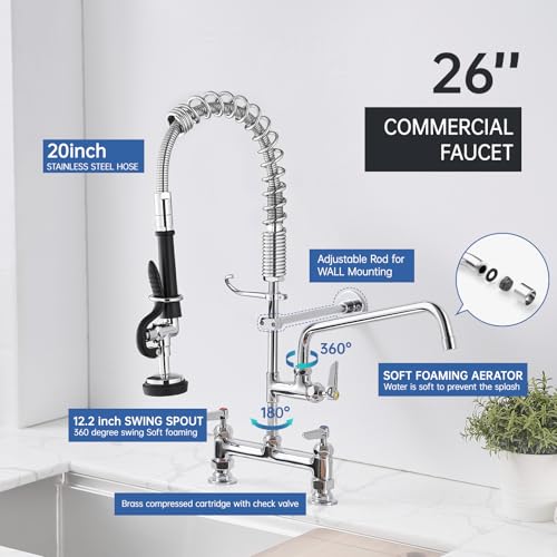 Fapully Commercial Kitchen Faucet,Deck Mount Kitchen Sink Faucet with Pre-Rinse Pull Down Sprayer,26‘’ Height 8'' Center 3 Compartment Sink Faucets with 12.2'' Swing Spout Chrome - Image 2