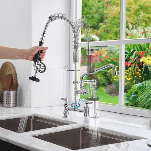 Fapully Commercial Kitchen Faucet,Deck Mount Kitchen Sink Faucet with Pre-Rinse Pull Down Sprayer,26‘’ Height 8'' Center 3 Compartment Sink Faucets with 12.2'' Swing Spout Chrome - Image 4