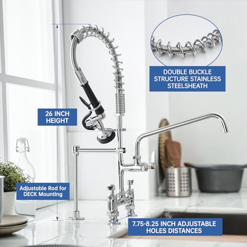 Fapully Commercial Kitchen Faucet,Deck Mount Kitchen Sink Faucet with Pre-Rinse Pull Down Sprayer,26‘’ Height 8'' Center 3 Compartment Sink Faucets with 12.2'' Swing Spout Chrome - Image 3