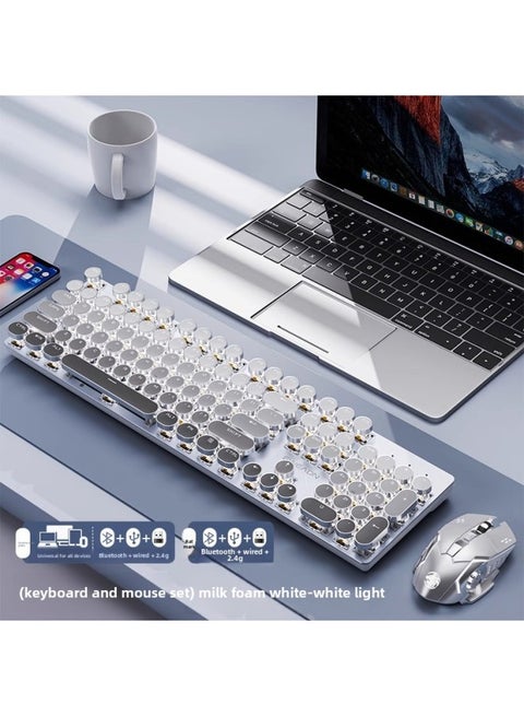 Punk Walker V30 Computer Office Girl's High-Looking Wireless Bluetooth Wired Mouse Mechanical Keyboard Set-Color:White Shaft [newly Upgraded Feel! ]-milk Foam White-wireless Three-mode [2.4g+bluetooth+wired] White Light+e-sports Dual-mode Mouse