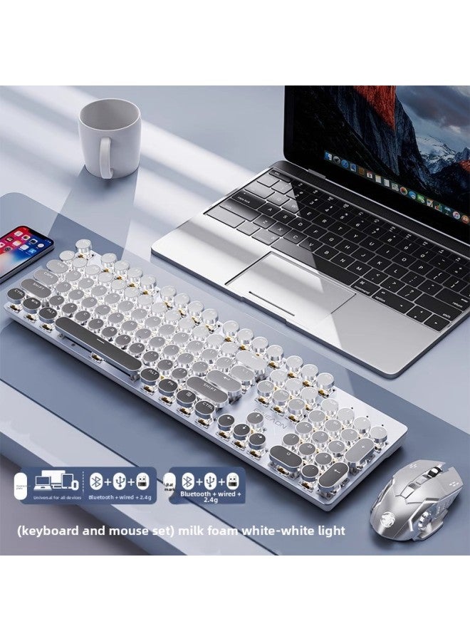 Punk Walker V30 Computer Office Girl's High-Looking Wireless Bluetooth Wired Mouse Mechanical Keyboard Set-Color:White Shaft [newly Upgraded Feel! ]-milk Foam White-wireless Three-mode [2.4g+bluetooth+wired] White Light+e-sports Dual-mode Mouse