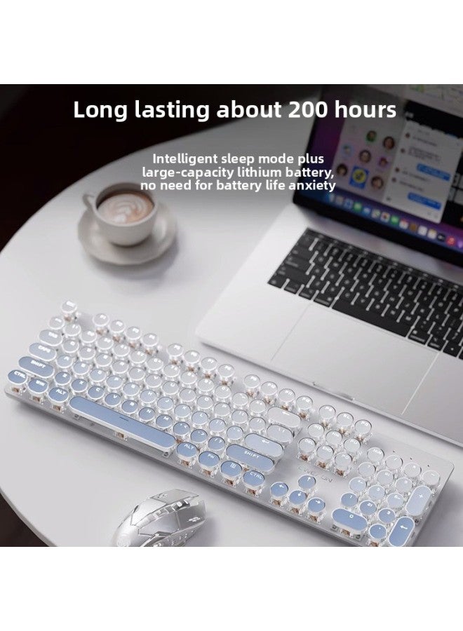 Punk Walker V30 Computer Office Girl's High-Looking Wireless Bluetooth Wired Mouse Mechanical Keyboard Set-Color:White Shaft [newly Upgraded Feel! ]-milk Foam White-wireless Three-mode [2.4g+bluetooth+wired] White Light+e-sports Dual-mode Mouse