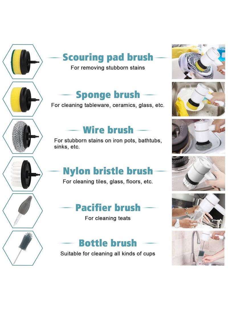 فلوشرينيك مكنسة كهربائية دوارة، فرشاة تنظيف محمولة مع 6 رؤوس فرشاة قابلة للاستبدال 3 سرعات دوران فرشاة تنظيف مكنسة كهربائية قابلة لإعادة الشحن للمطبخ والحمام والبلاط والأرضيات والنوافذ (أبيض) - Image 5